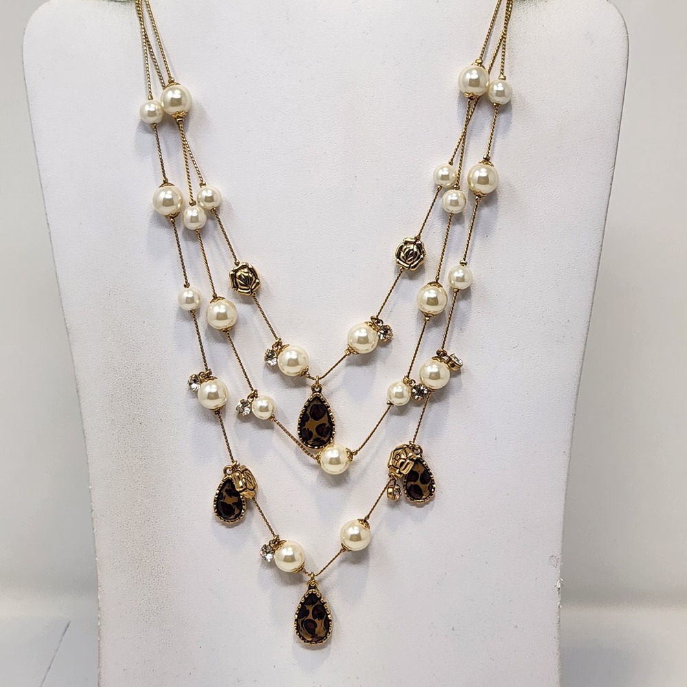 Betsey Johnson Layered Multi Strand Necklace Gold Tone Faux Pearl Animal Print